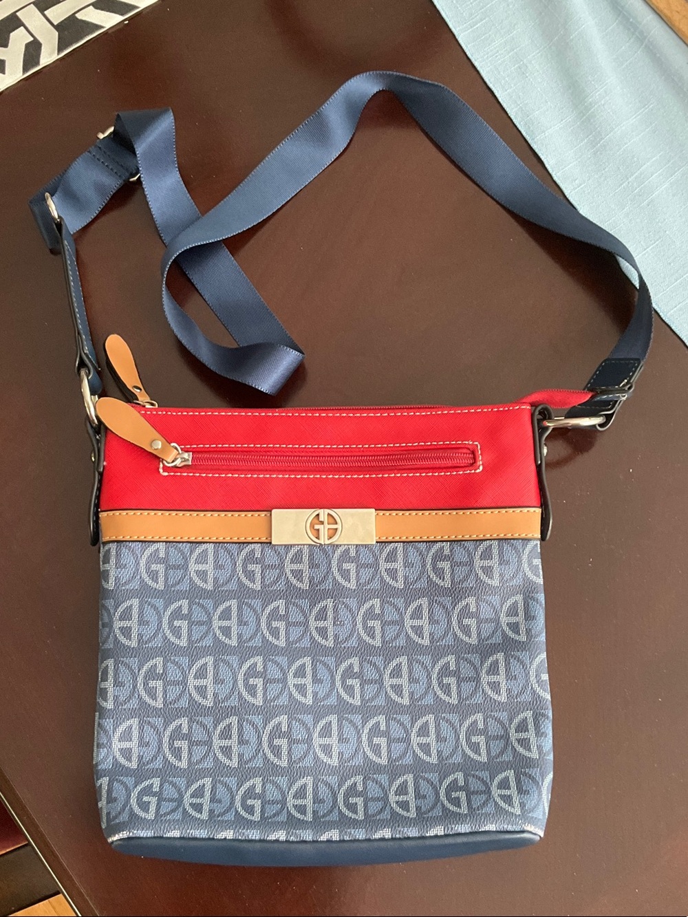 Giani Bernini Navy Monogram Crossbody with Red & Tan Accents